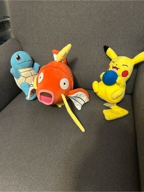 Pokemon Stuffed Animals - Blue Squirtle, Orange Magikarp, Yellow Pikachu